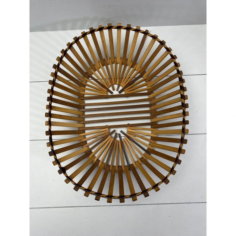 Ambee Basket Bamboo Slat Sunburst‎ Basket Vintage Boho MCM Decor